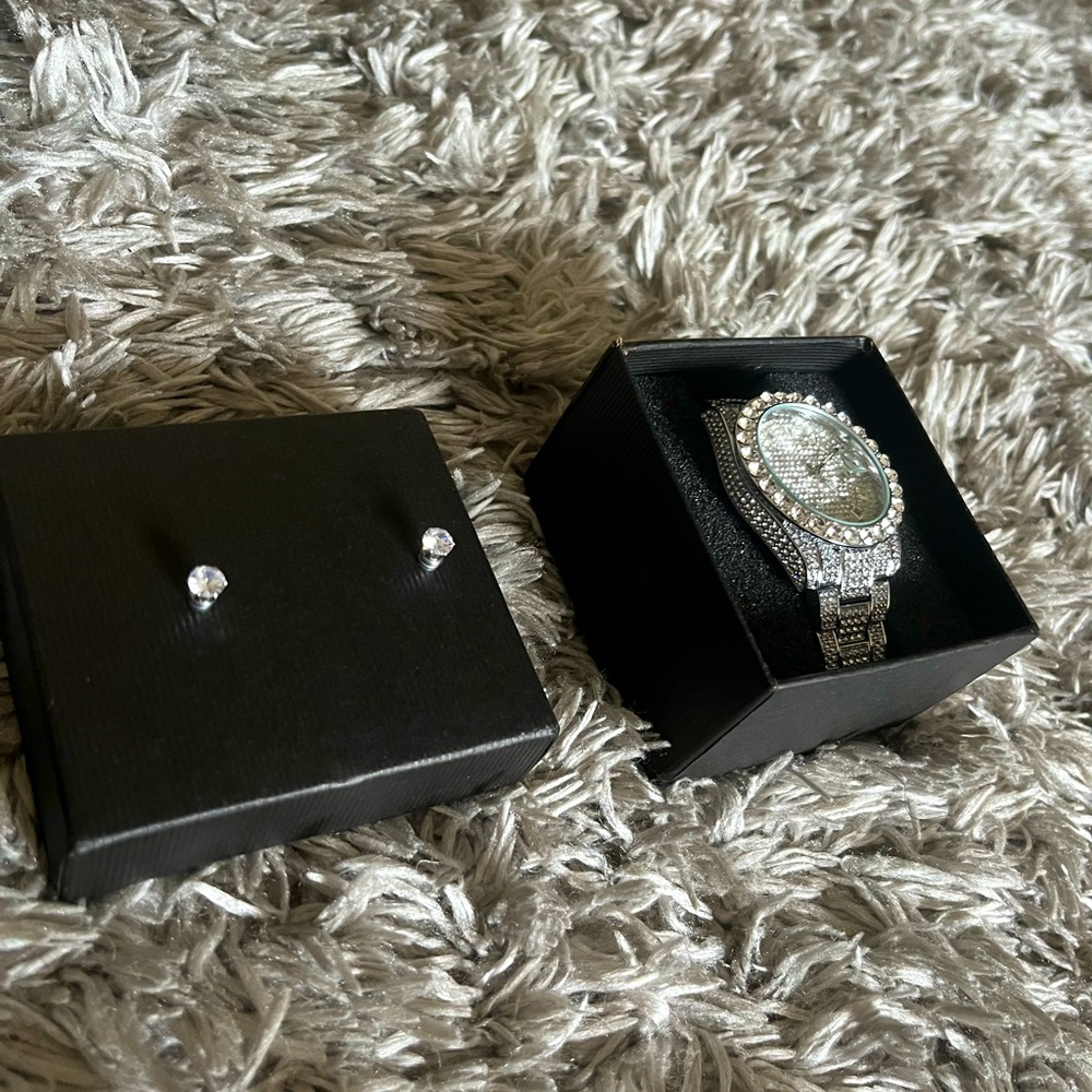 Diamond watch and magnetic earrings